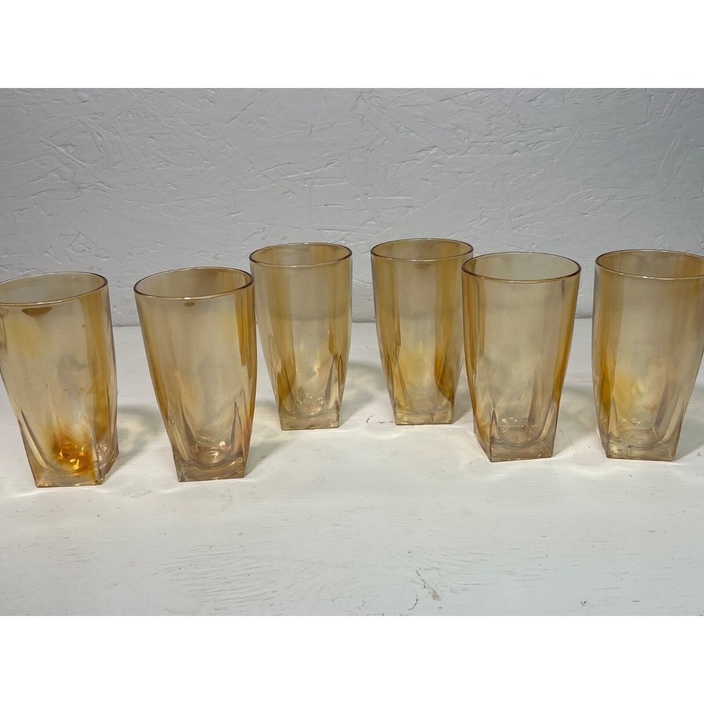 Carnival Glass MCM Gold Peach Lustre Tumblers  Round With Square Base set‎ 6